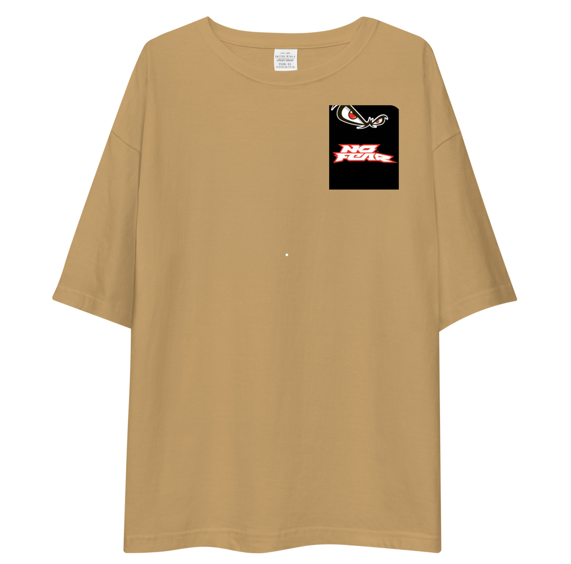 Beige t-shirt with a small black logo on a white background