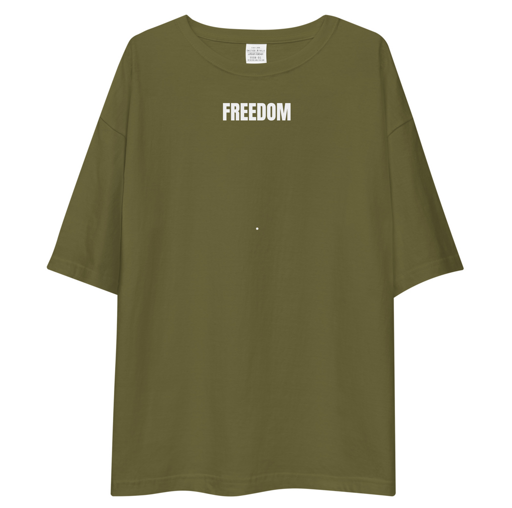 Olive Green t-shirt with 'FREEDOM' text on a white background
