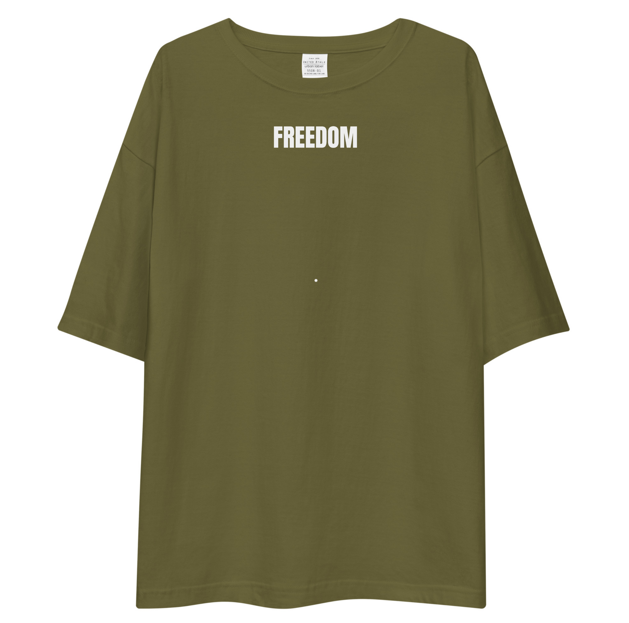 Olive Green t-shirt with 'FREEDOM' text on a white background