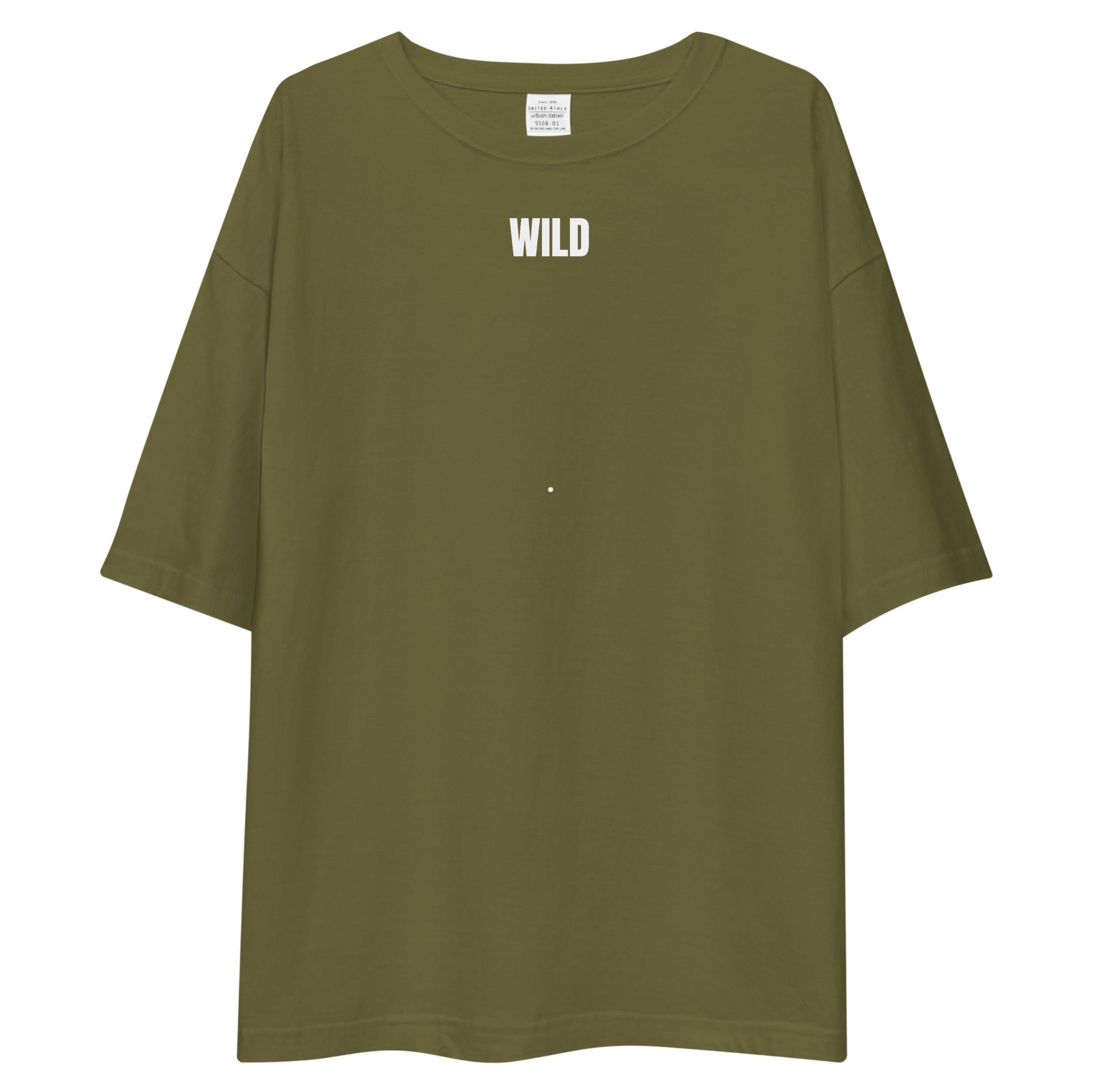 Olive Green t-shirt with 'WILD' text on a white background