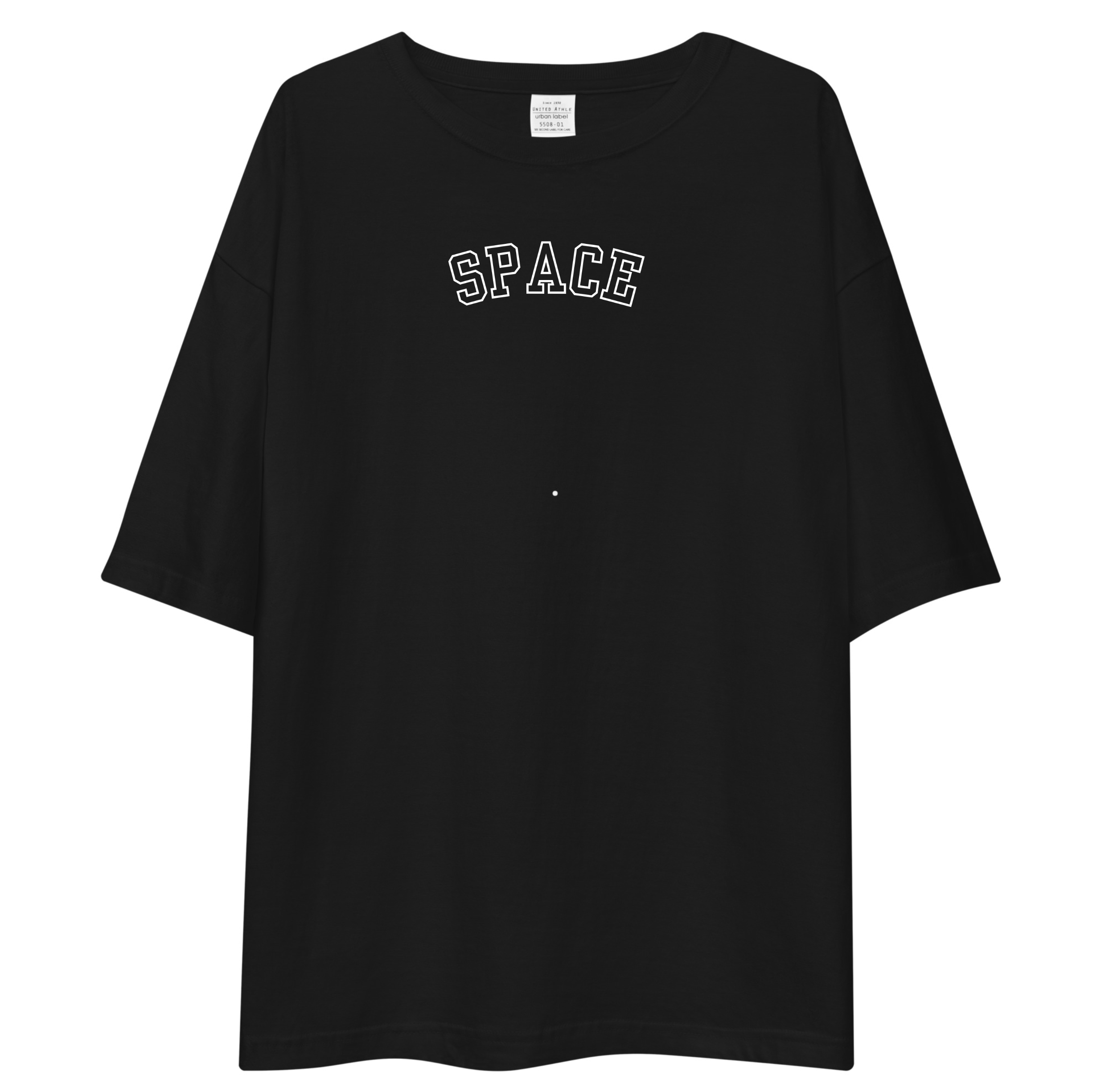 Black t-shirt with 'SPACE' text on a white background