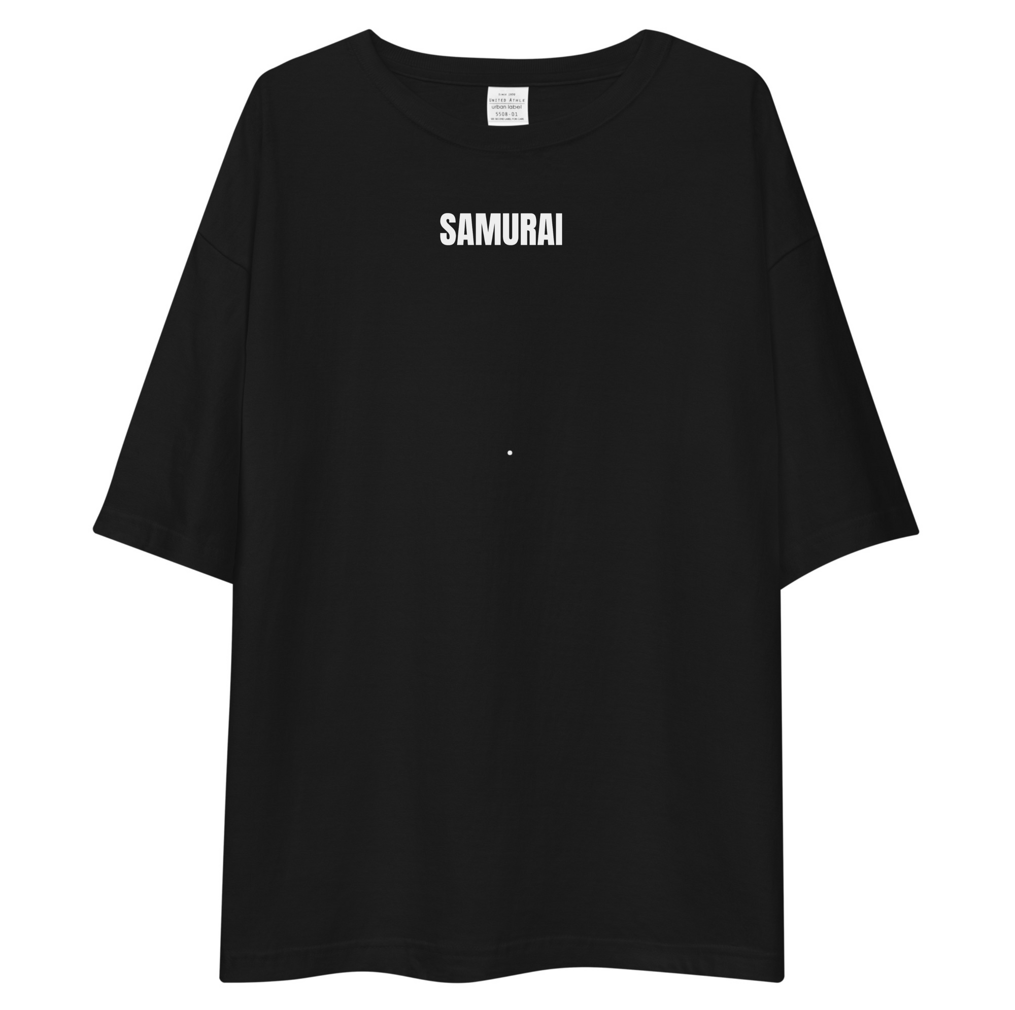 Black t-shirt with 'SAMURAI' text on a white background