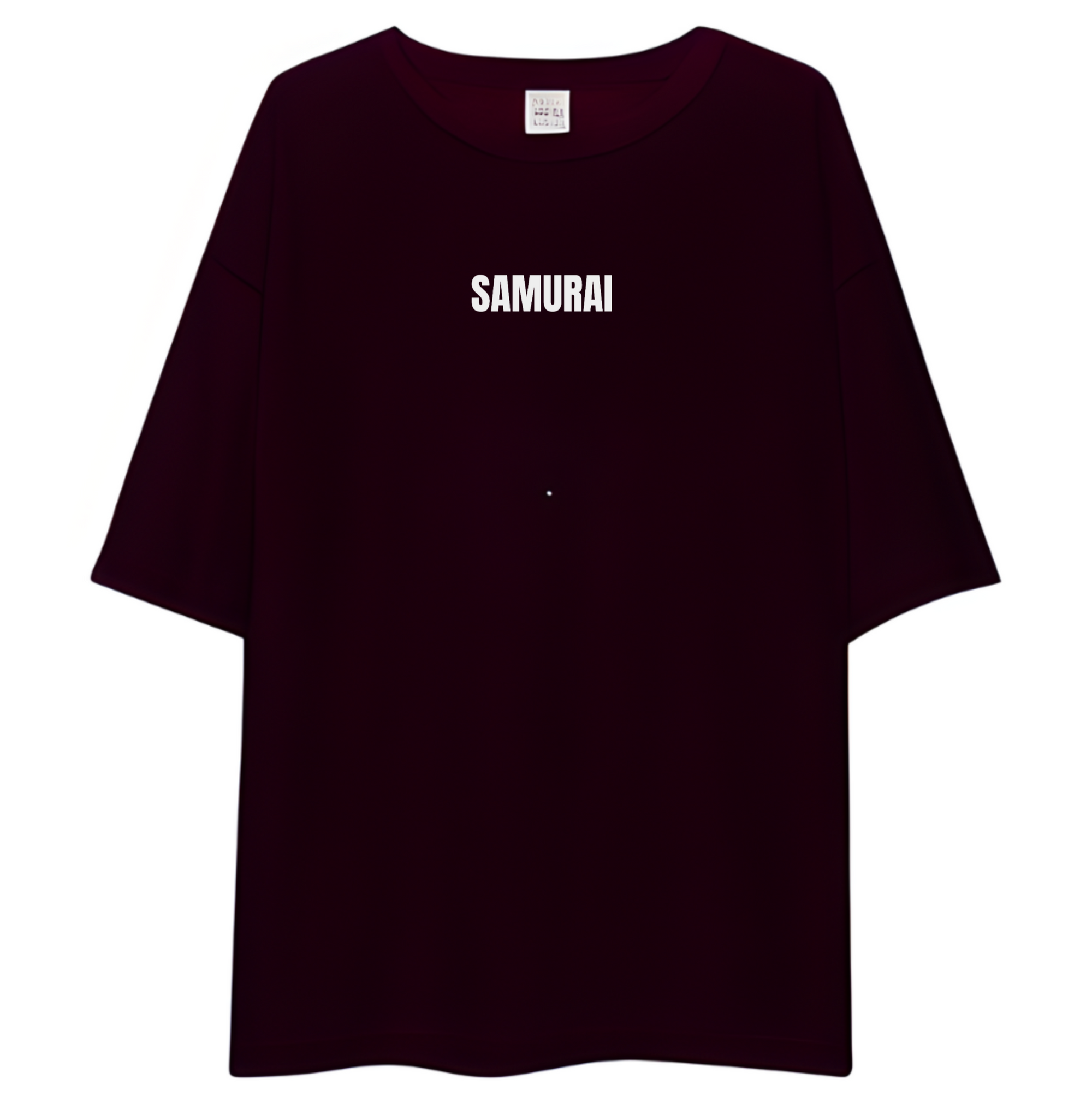 Maroon t-shirt with 'SAMURAI' text on a white background