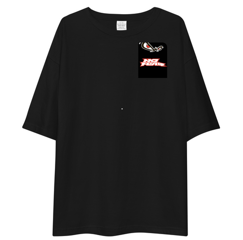 Black t-shirt with a small graphic on the chest against a white background