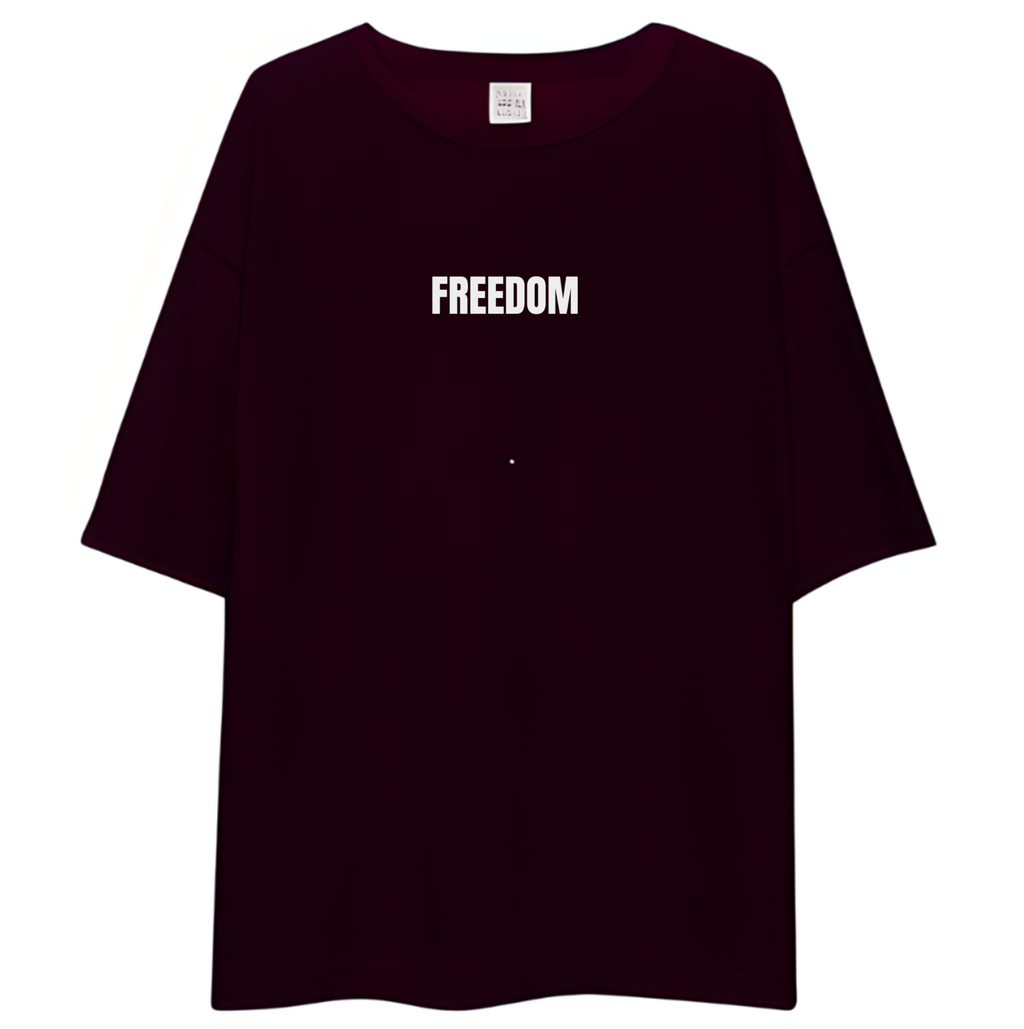 Maroon t-shirt with 'FREEDOM' printed on it against a white background