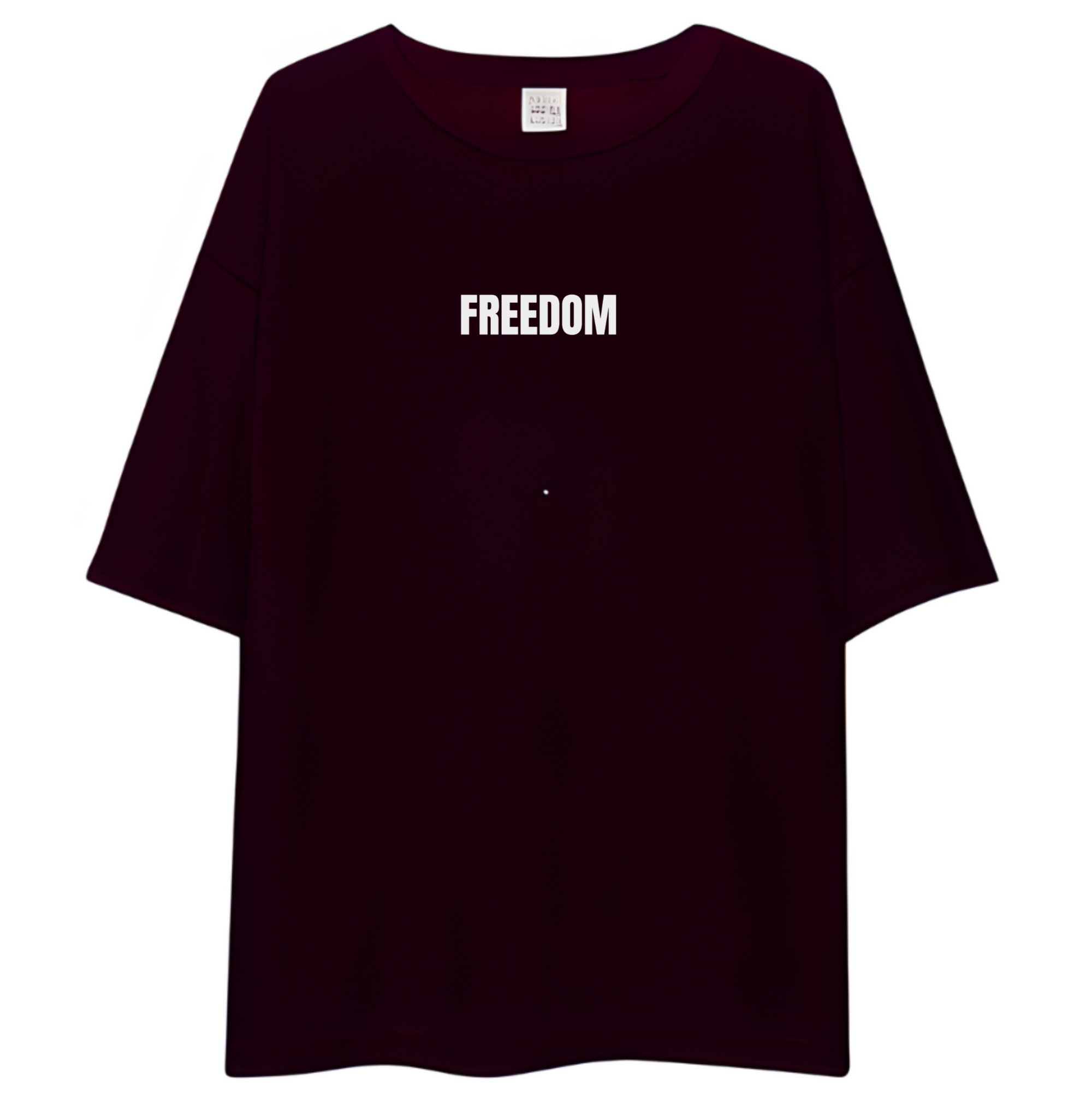 Maroon t-shirt with 'FREEDOM' printed on it against a white background