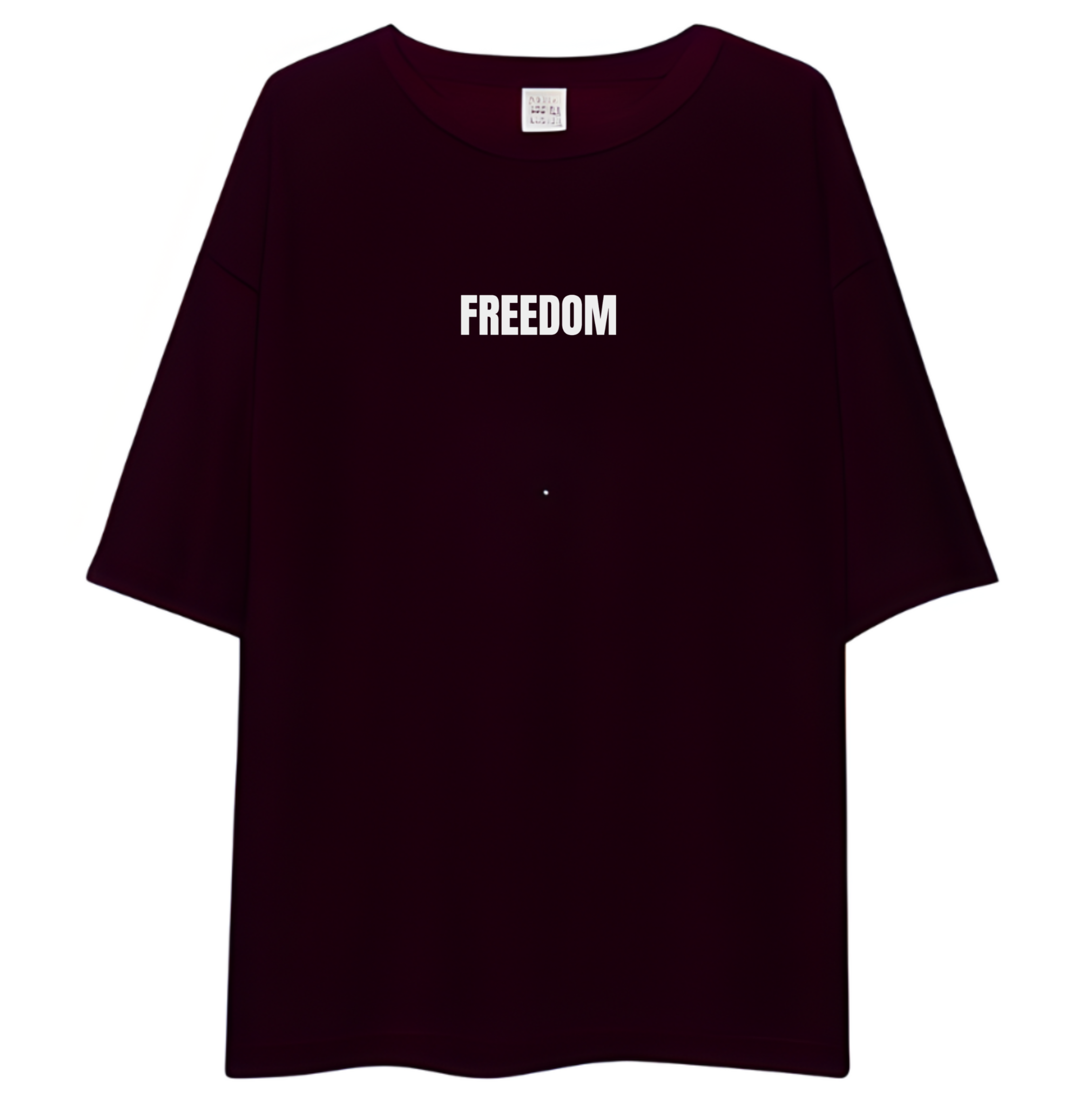 Maroon t-shirt with 'FREEDOM' printed on it against a white background