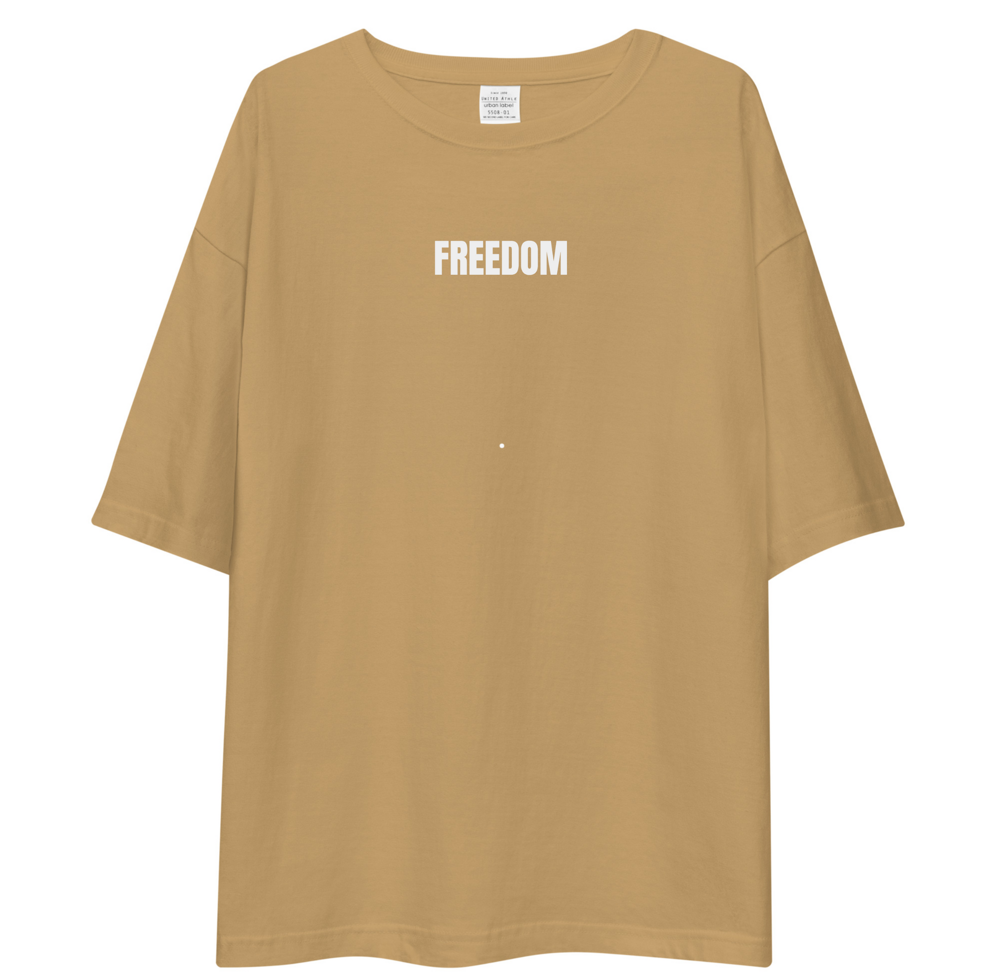 Beige t-shirt with 'FREEDOM' text on a white background