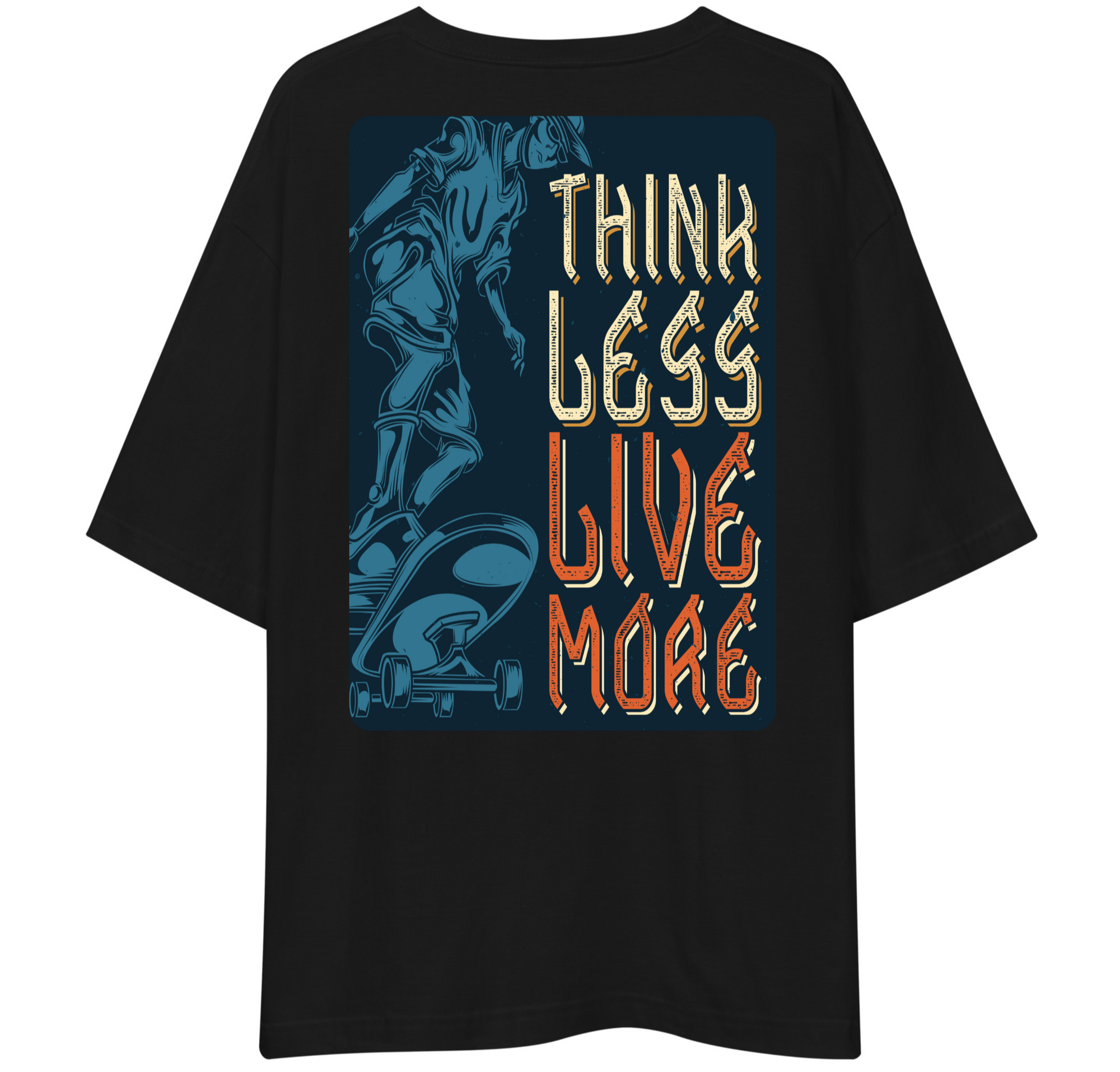 Black t-shirt with graphic design and text on a white background
