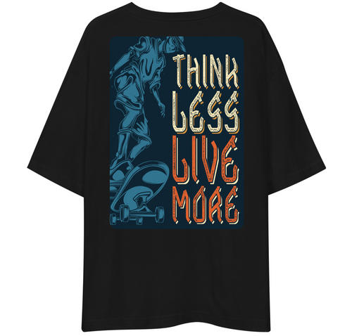 Black t-shirt with graphic design and text on a white background