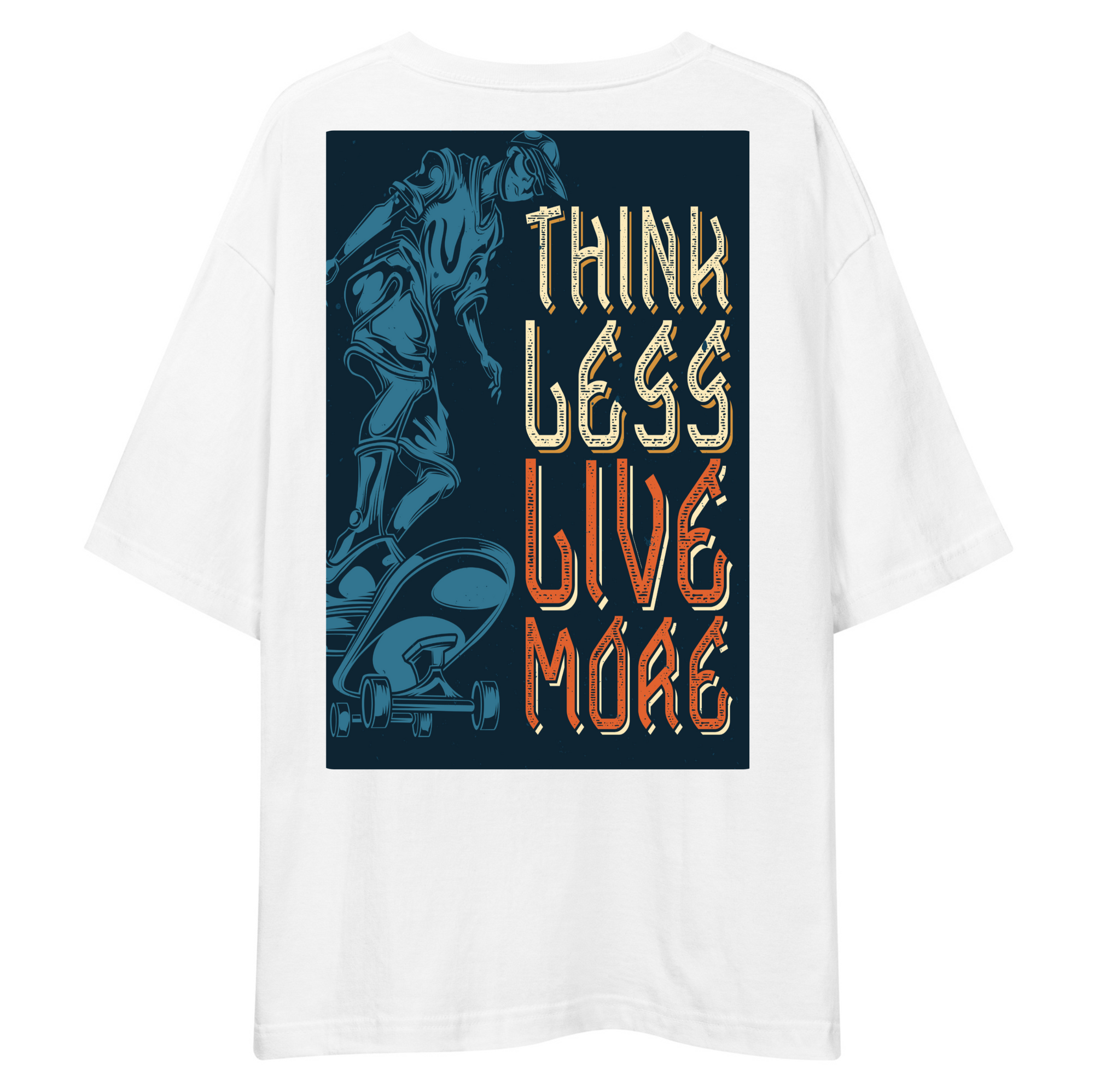White t-shirt with a graphic design and text on a white background