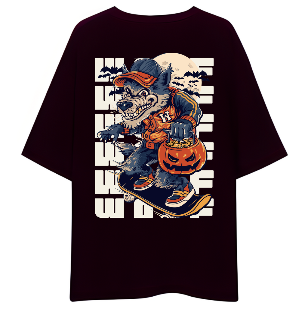 Maroon t-shirt with a graphic of a wolf holding a pumpkin lantern on a white background