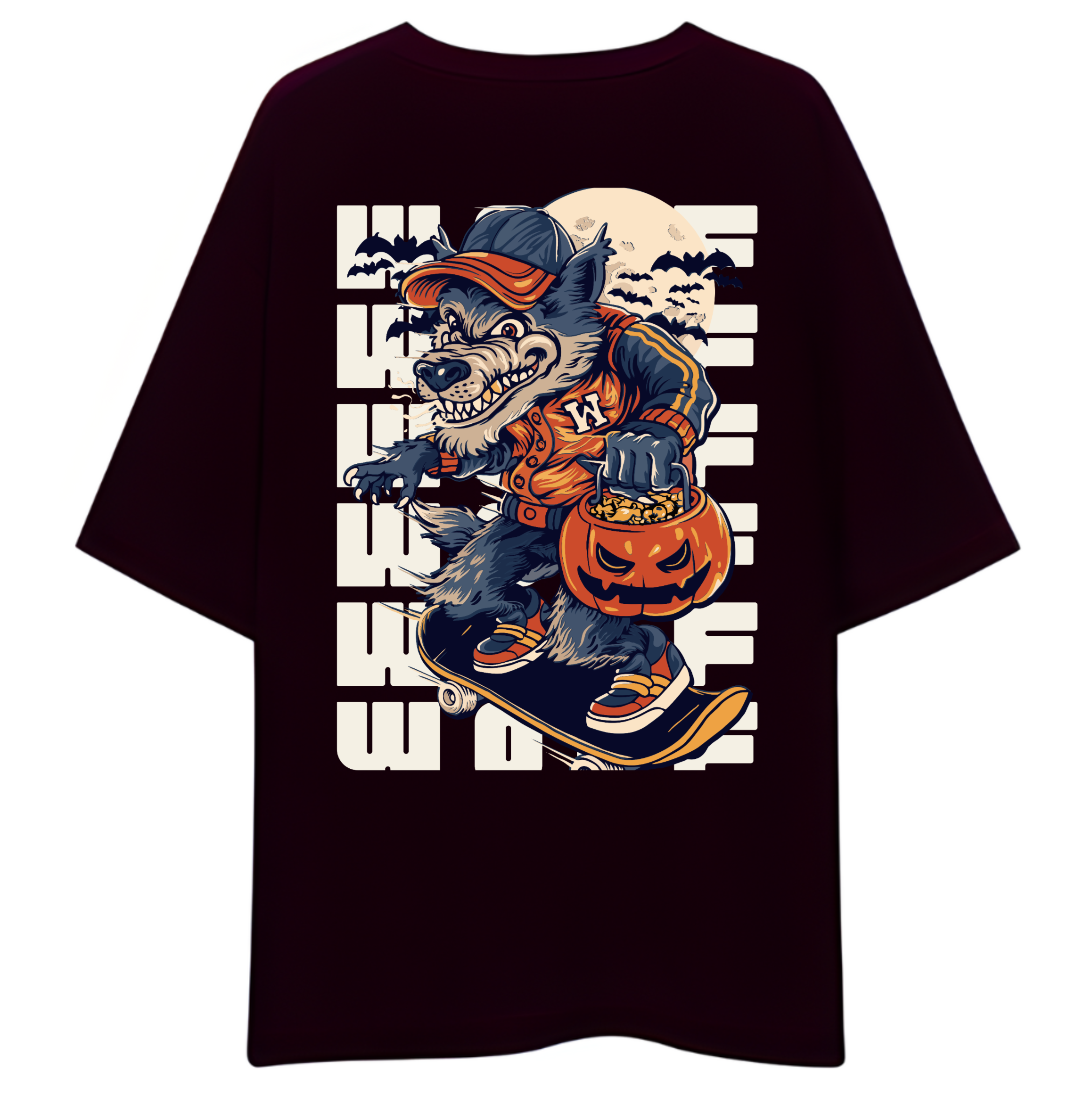 Maroon t-shirt with a graphic of a wolf holding a pumpkin lantern on a white background