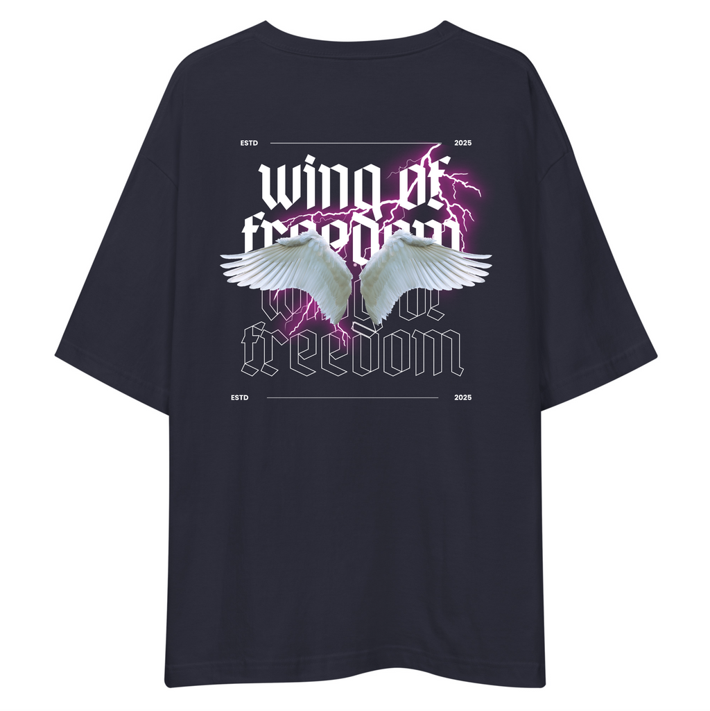 Navy Blue t-shirt with 'wing of freedom' design on a white background
