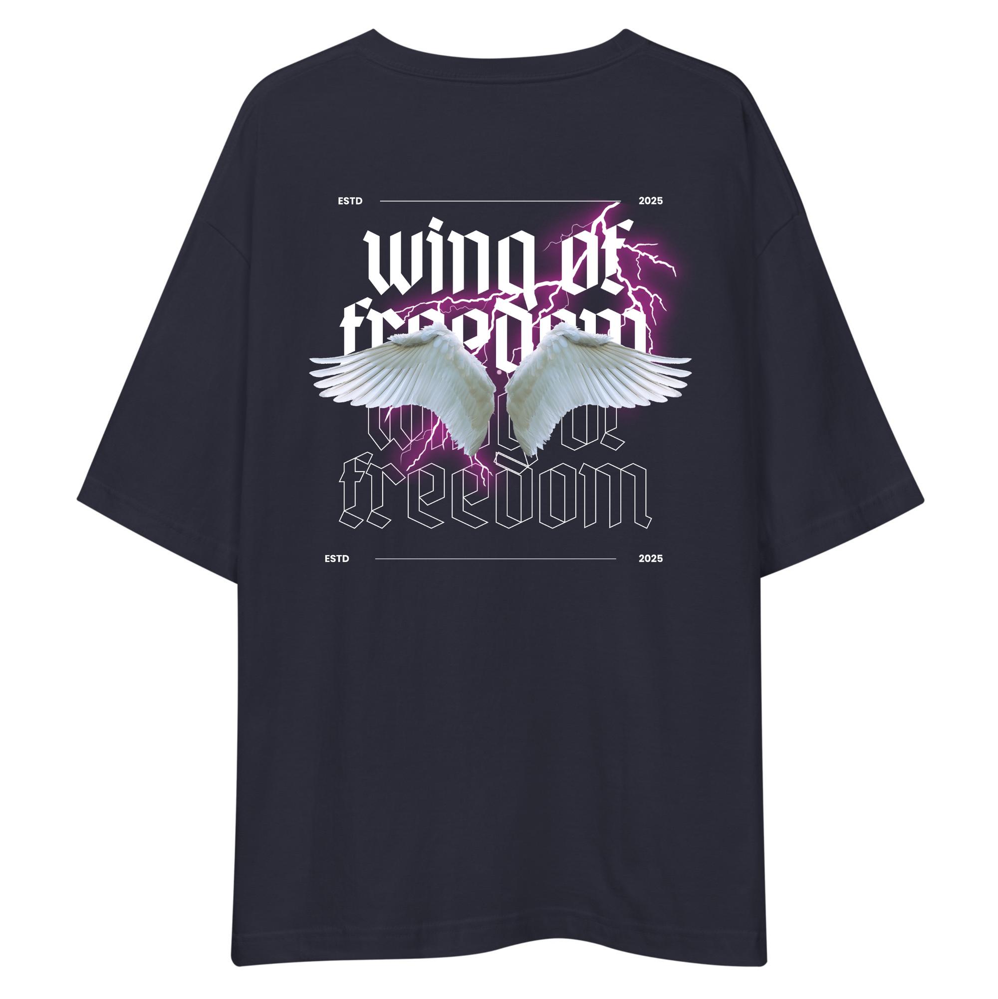 Navy Blue t-shirt with 'wing of freedom' design on a white background