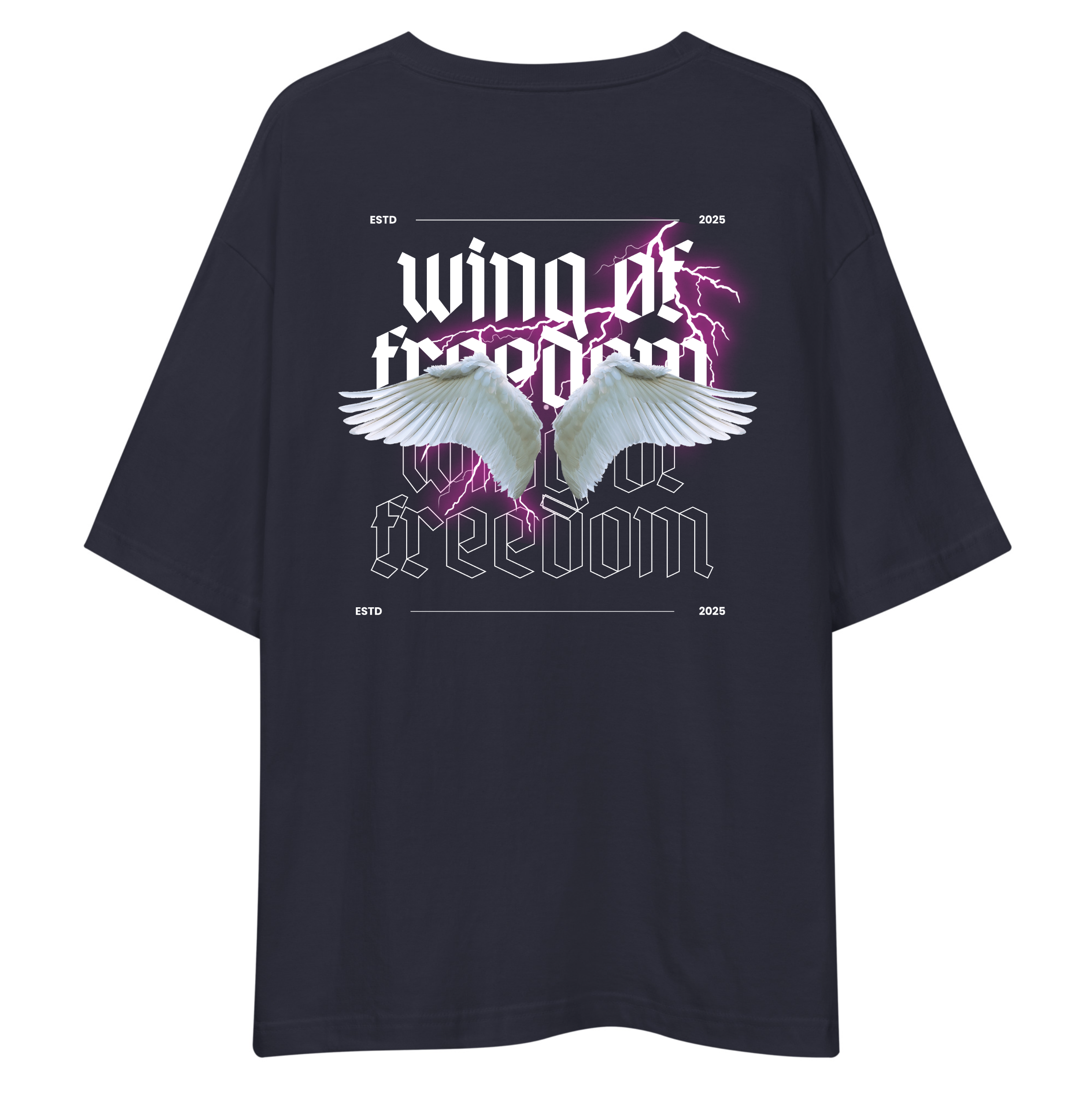 Navy Blue t-shirt with 'wing of freedom' design on a white background