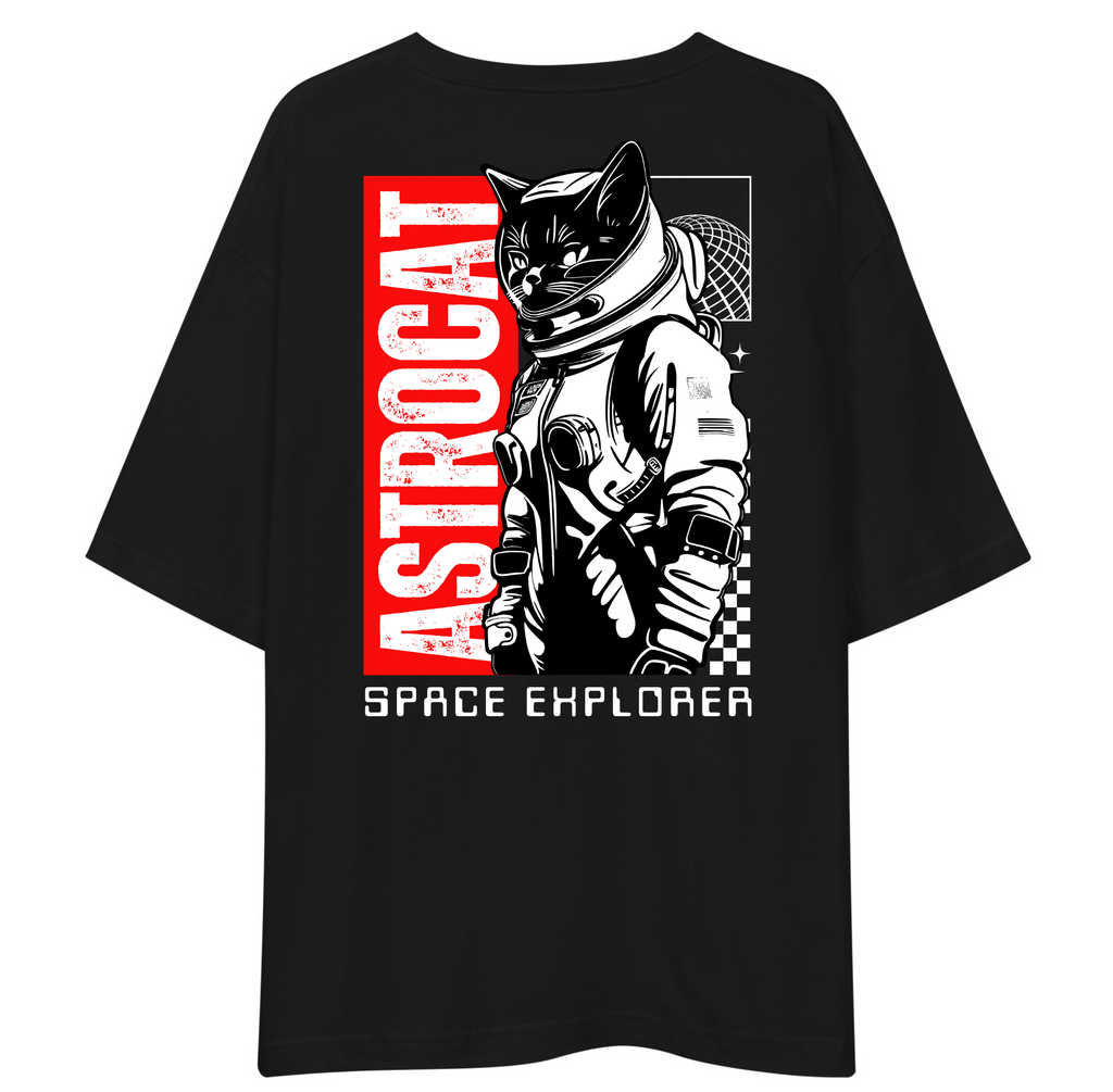 Black t-shirt with a graphic of a cat in an astronaut suit and 'ASTROCAT SPACE EXPLORER' text.