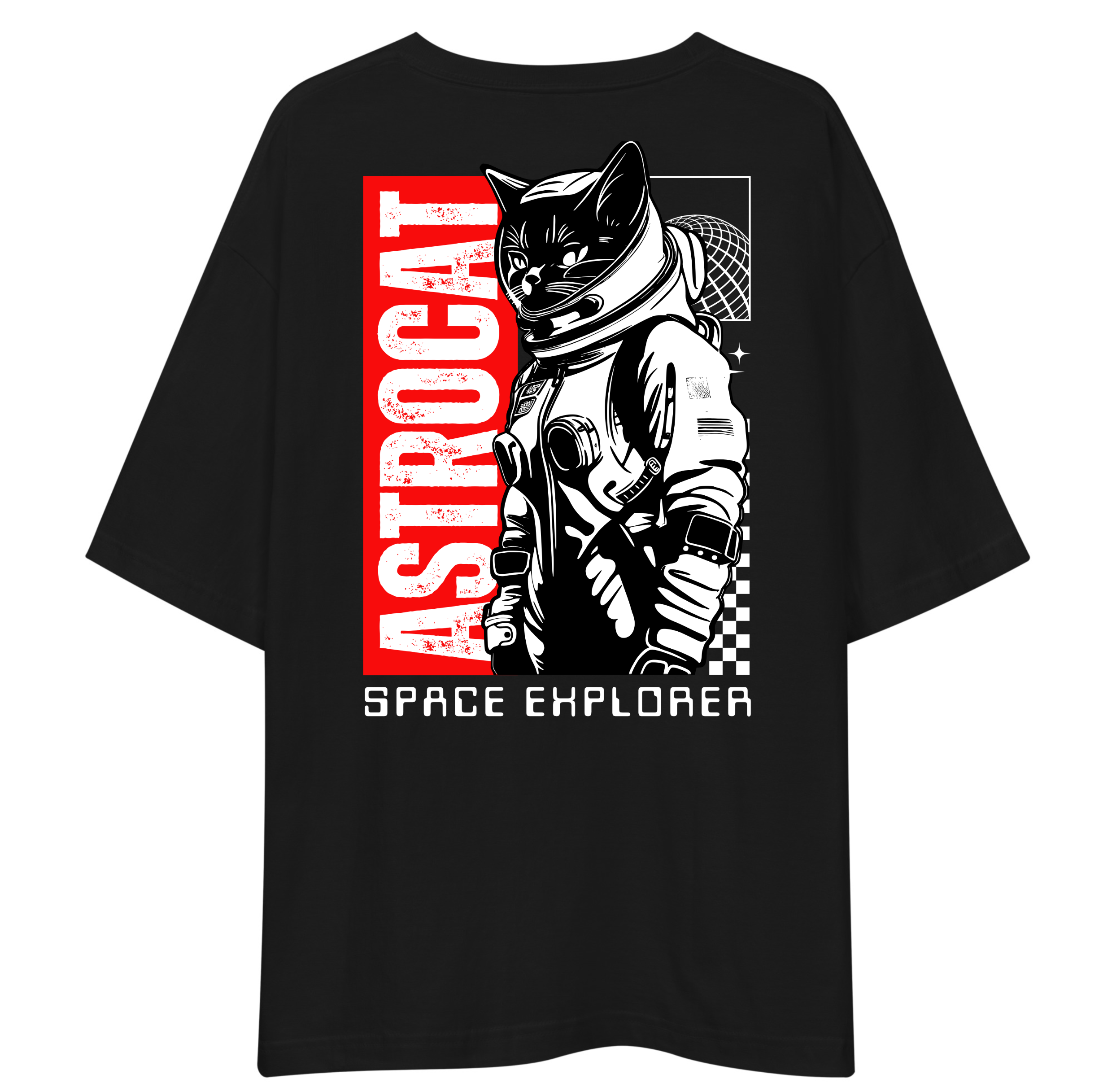 Black t-shirt with a graphic of a cat in an astronaut suit and 'ASTROCAT SPACE EXPLORER' text.