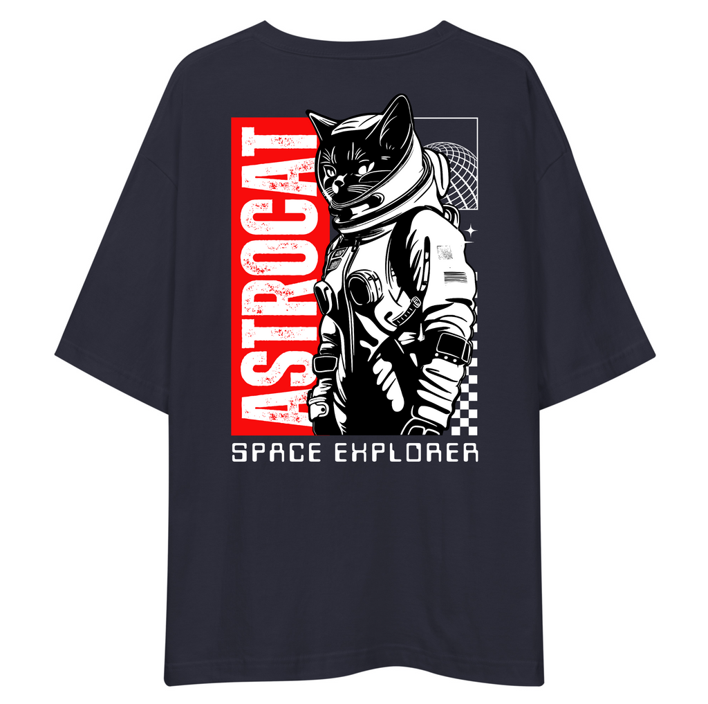 Black t-shirt with a graphic of a cat in an astronaut suit and 'Astrocat Space Explorer' text on a white background