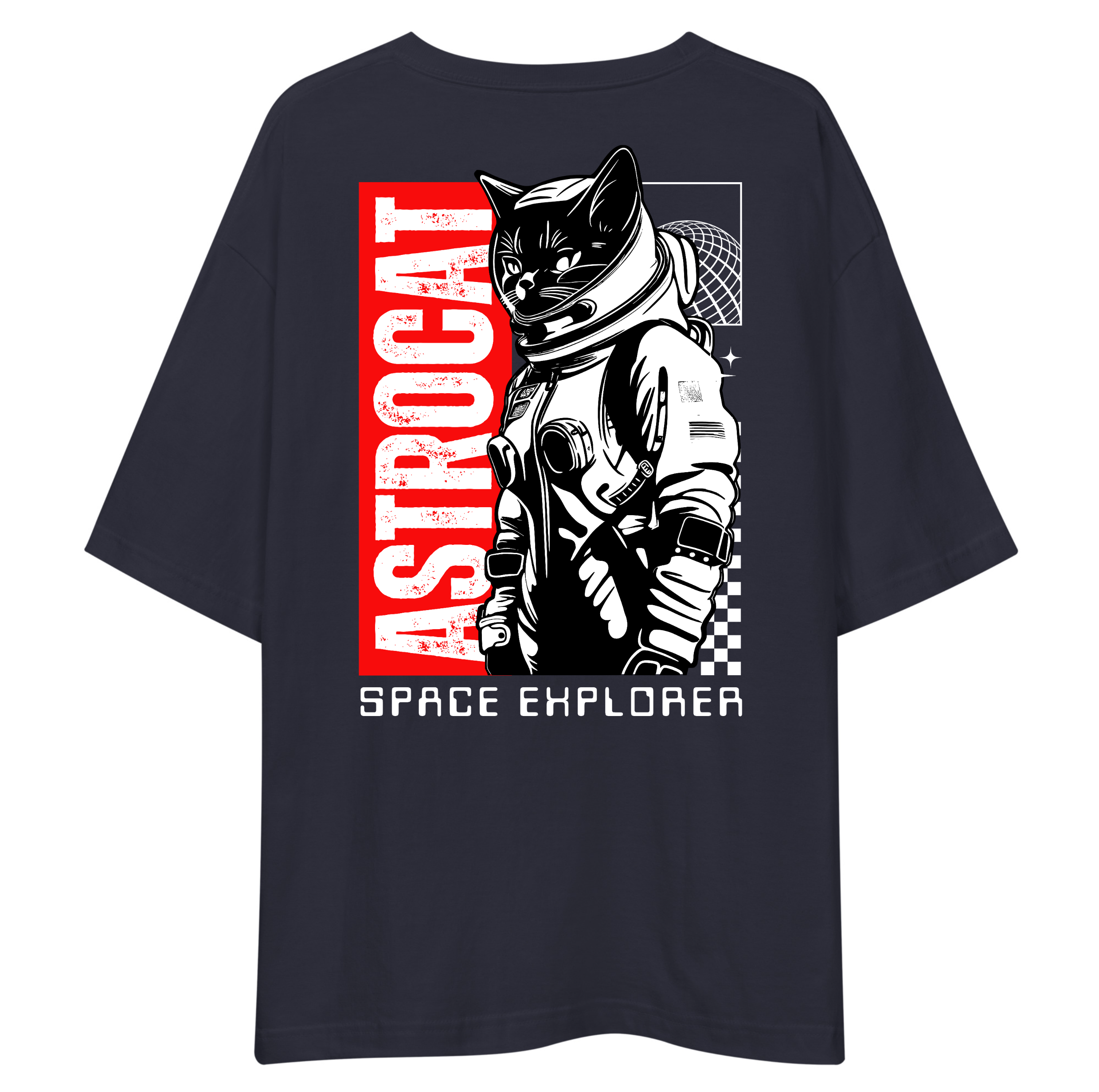 Black t-shirt with a graphic of a cat in an astronaut suit and 'Astrocat Space Explorer' text on a white background