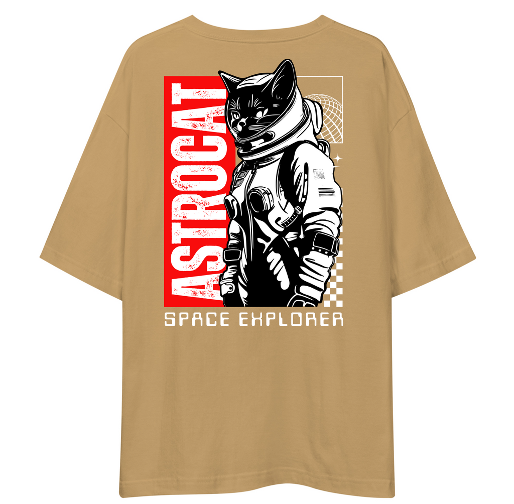 Beige t-shirt with a graphic of a cat in a space suit and 'Astrocat Space Explorer' text on a white background