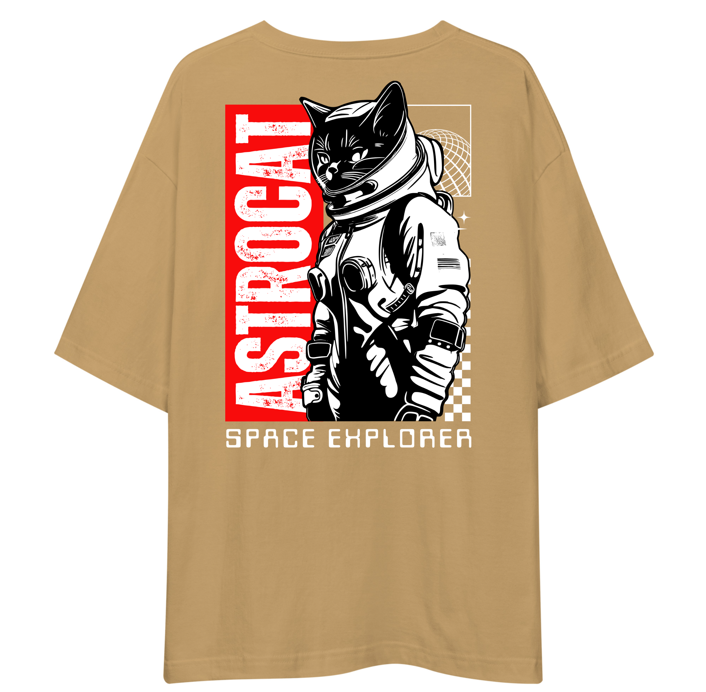 Beige t-shirt with a graphic of a cat in a space suit and 'Astrocat Space Explorer' text on a white background