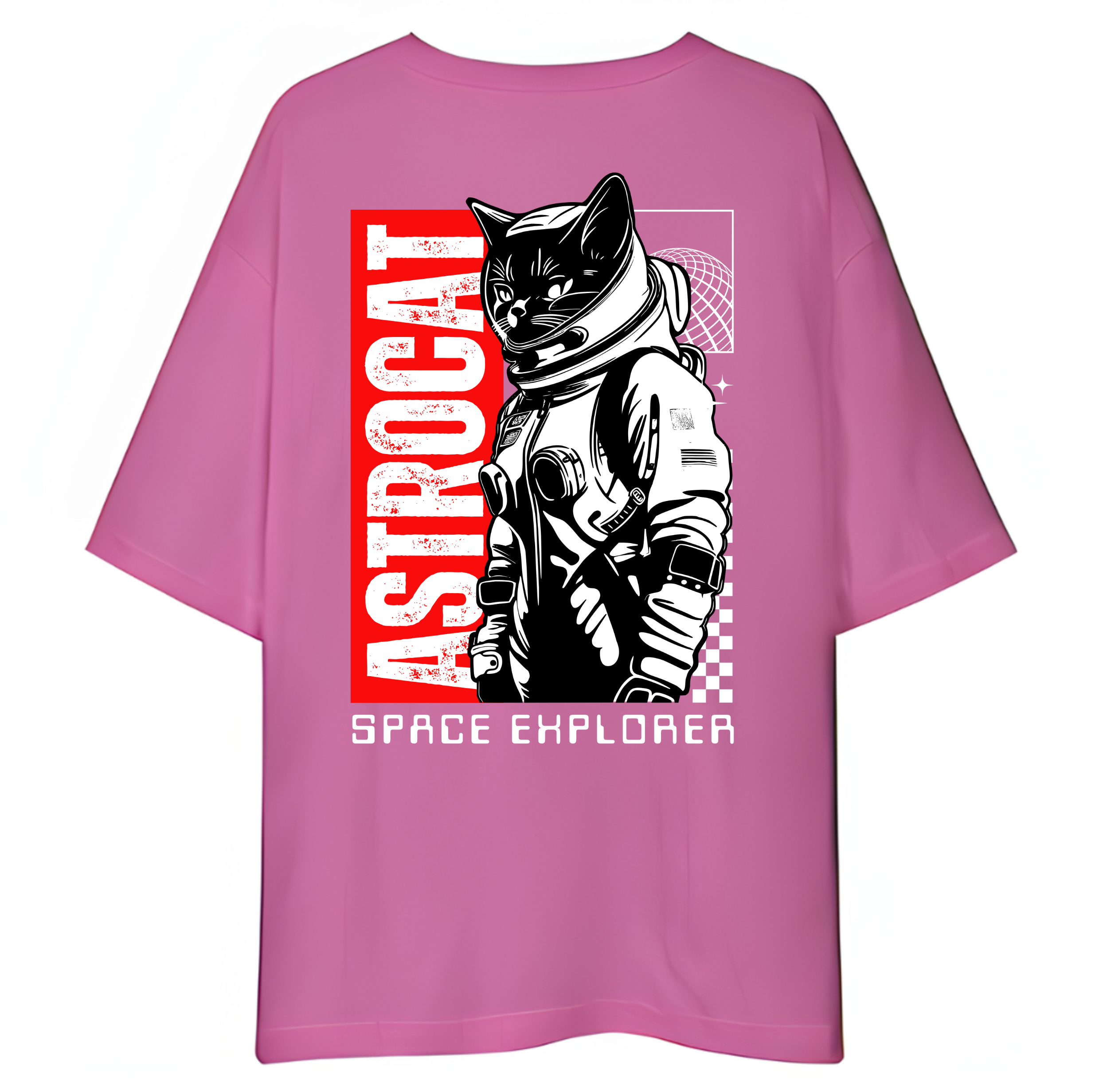 Pink t-shirt with 'Astrogat Space Explorer' graphic on a white background