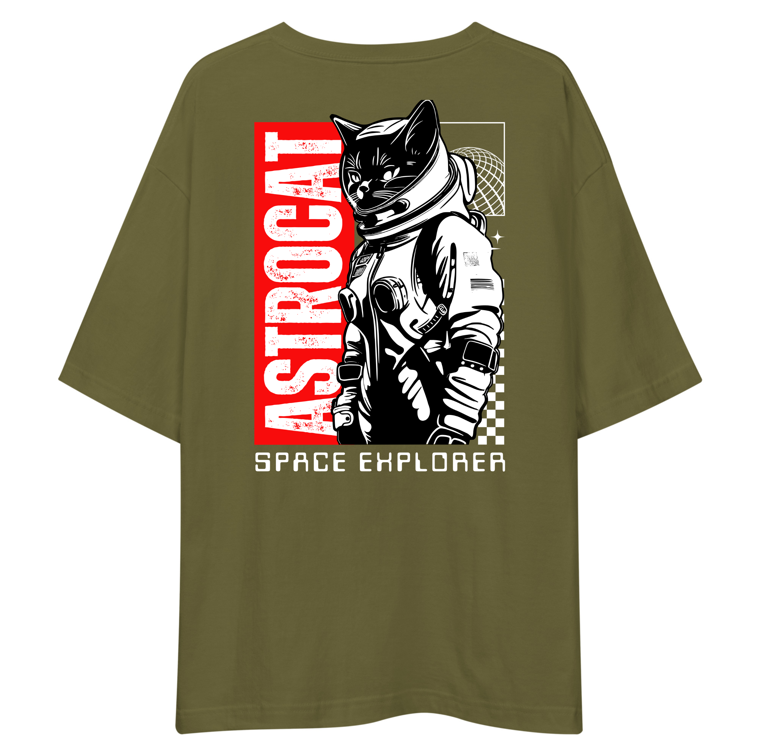Green t-shirt with 'Astrocat Space Explorer' graphic on a white background