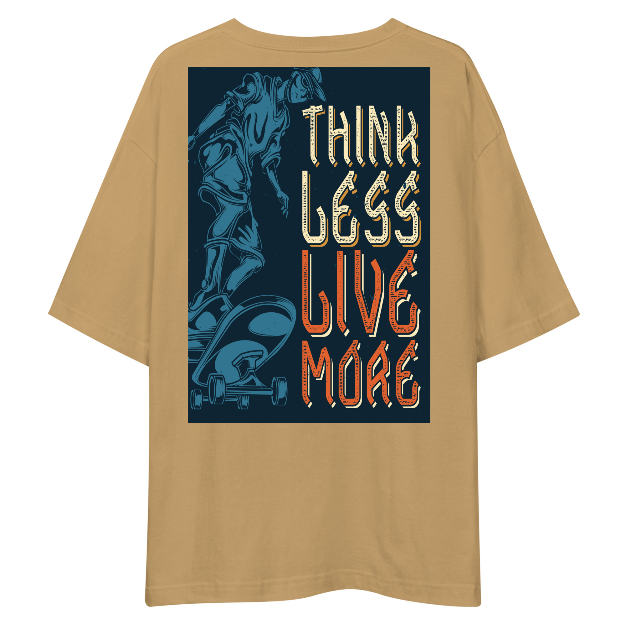 Beige t-shirt with graphic design and text on the back