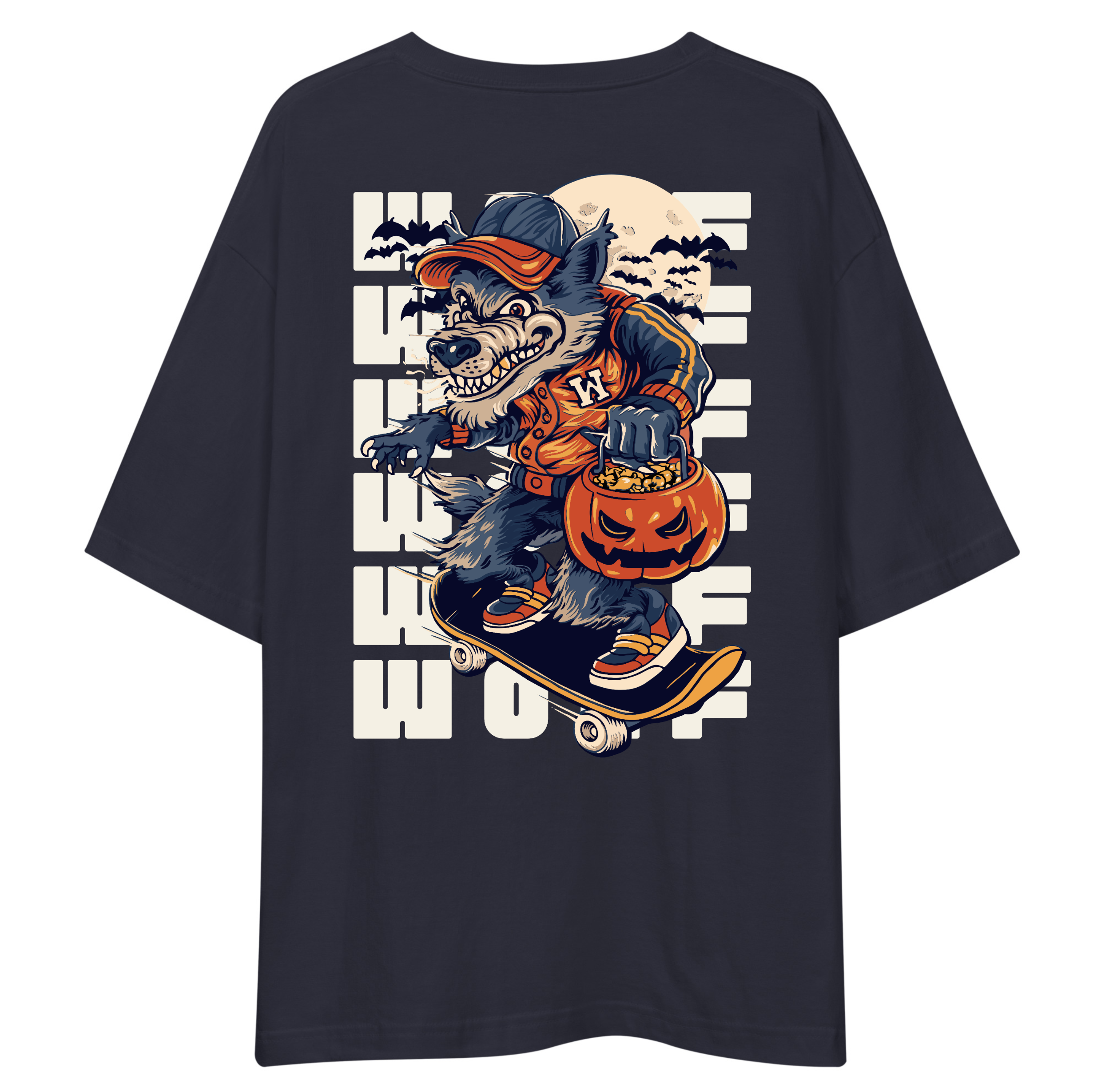 Navy Blue t-shirt with a graphic design of a character on a skateboard and pumpkin, on a white background.
