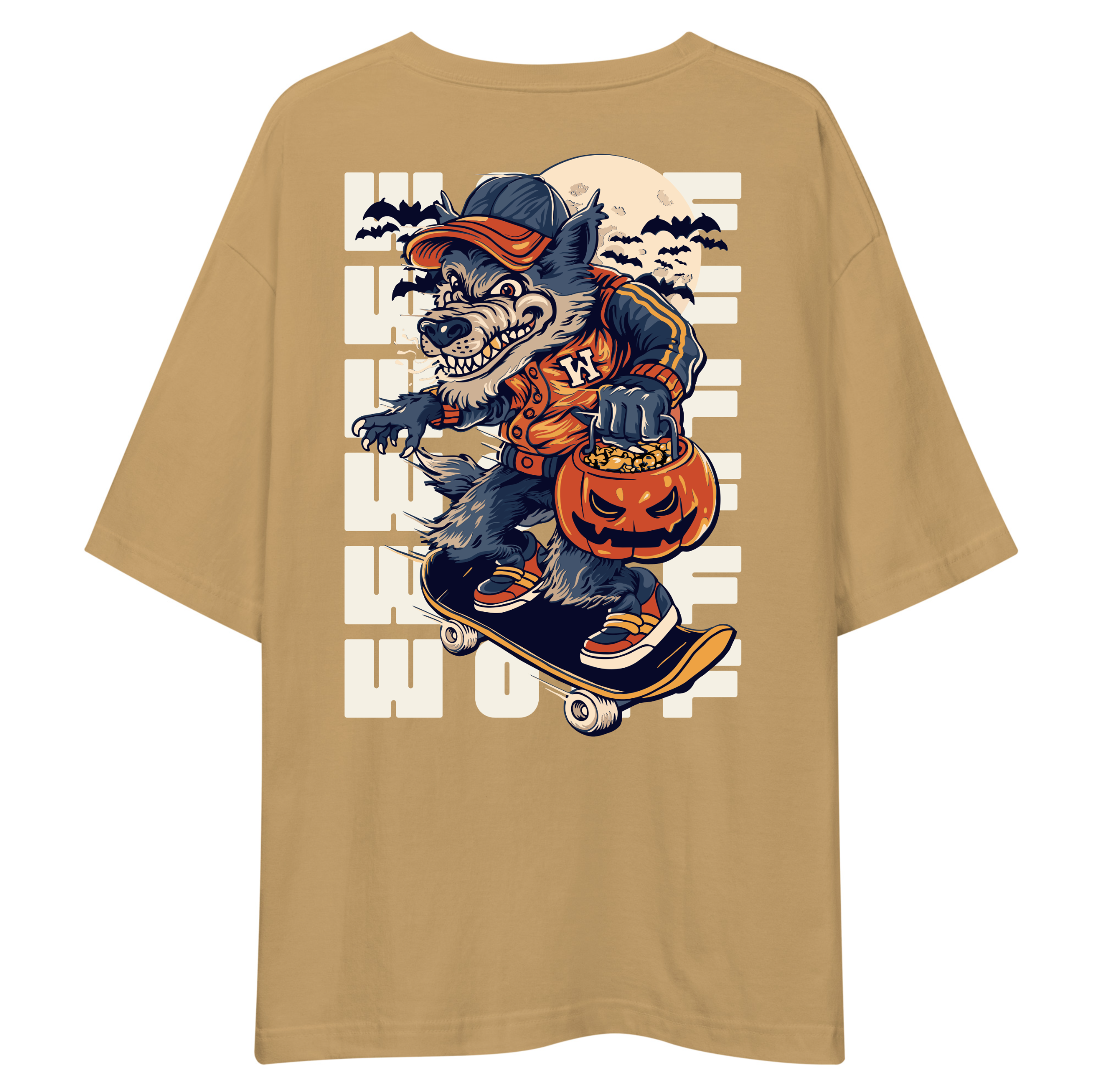 Beige t-shirt with a Halloween-themed graphic of a dog on a skateboard and pumpkin.