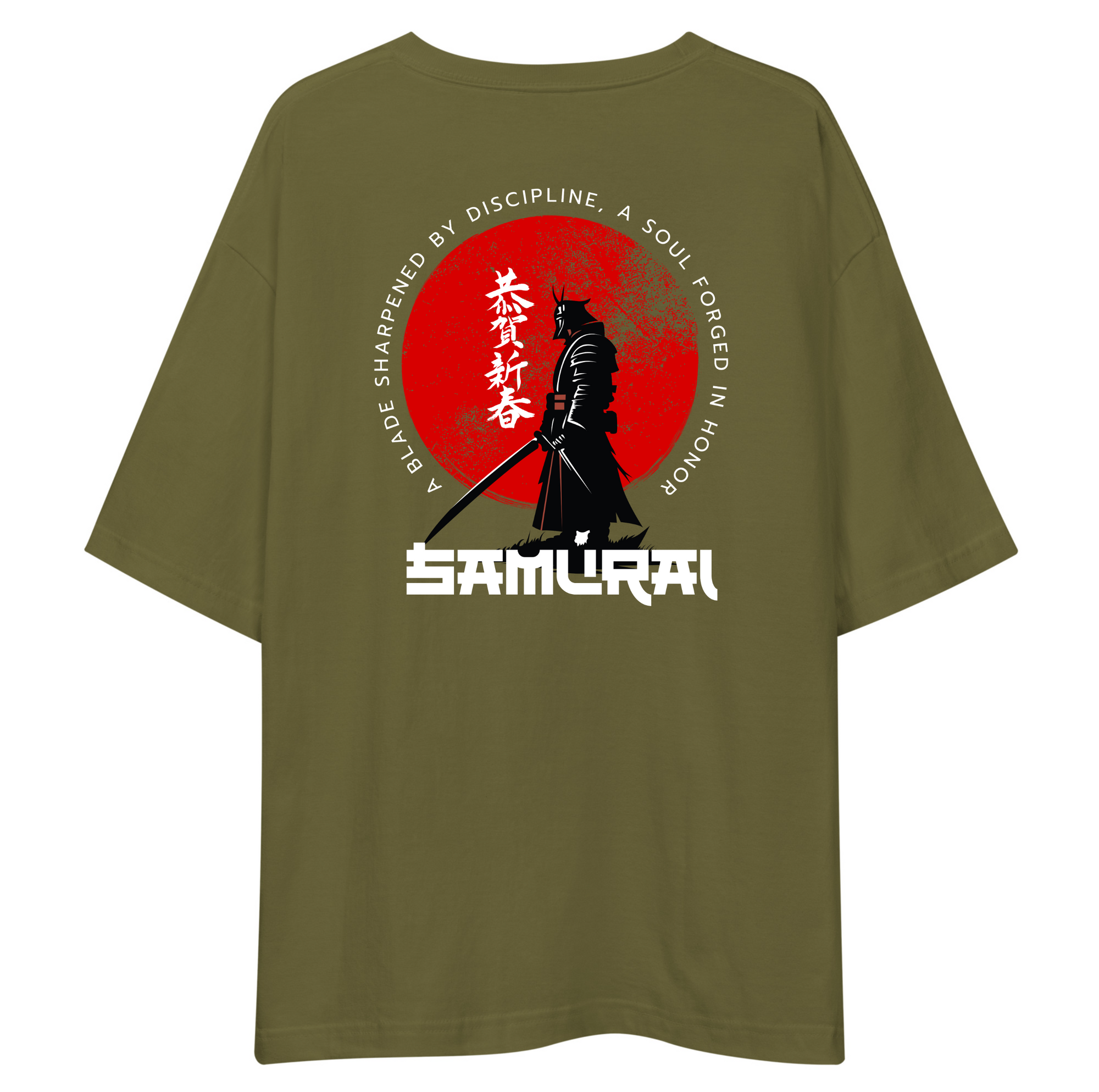 Olive Green t-shirt with a Samurai design and text on a white background
