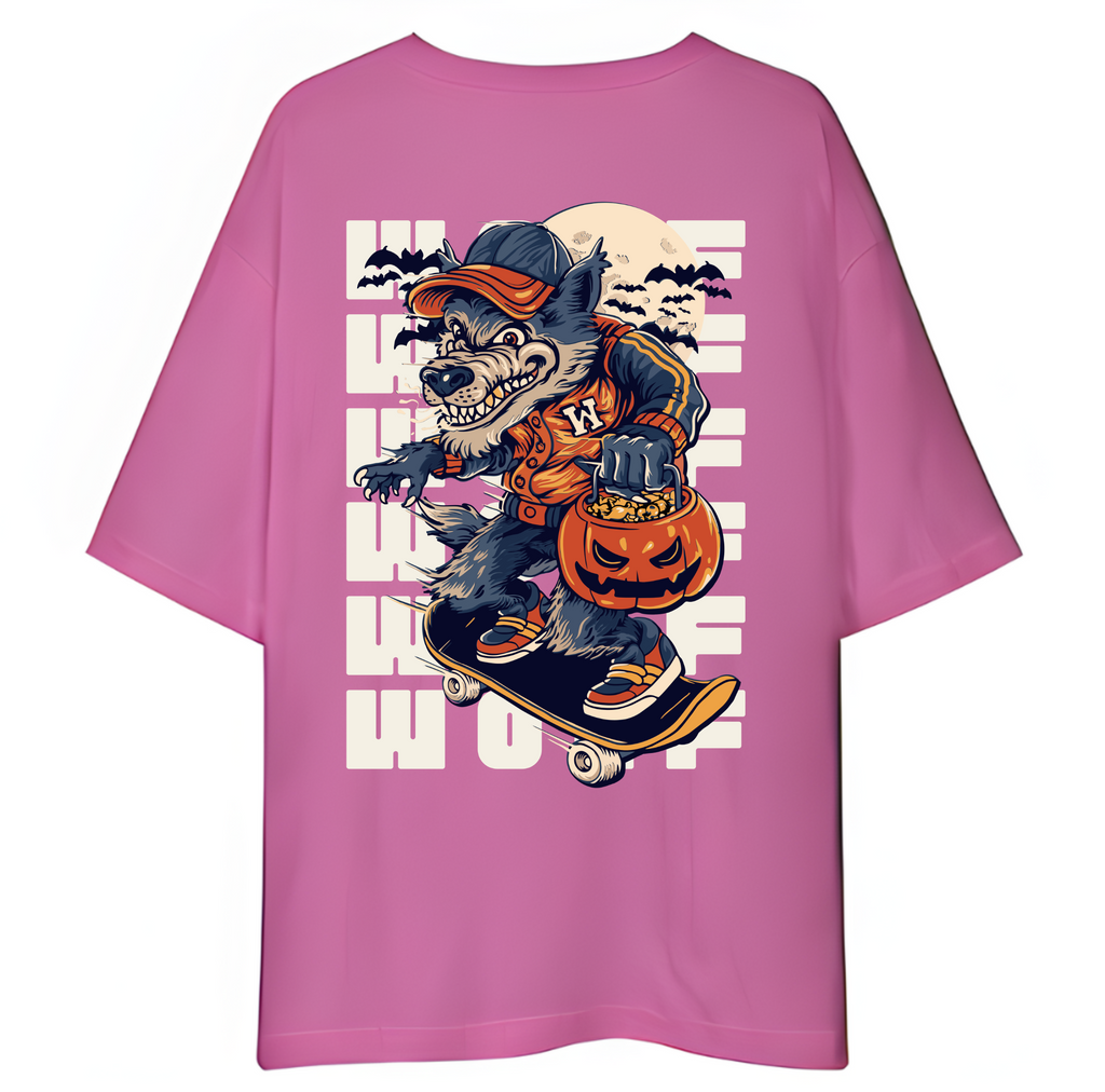 Light Purple t-shirt with a graphic of a werewolf on a skateboard and Halloween elements.