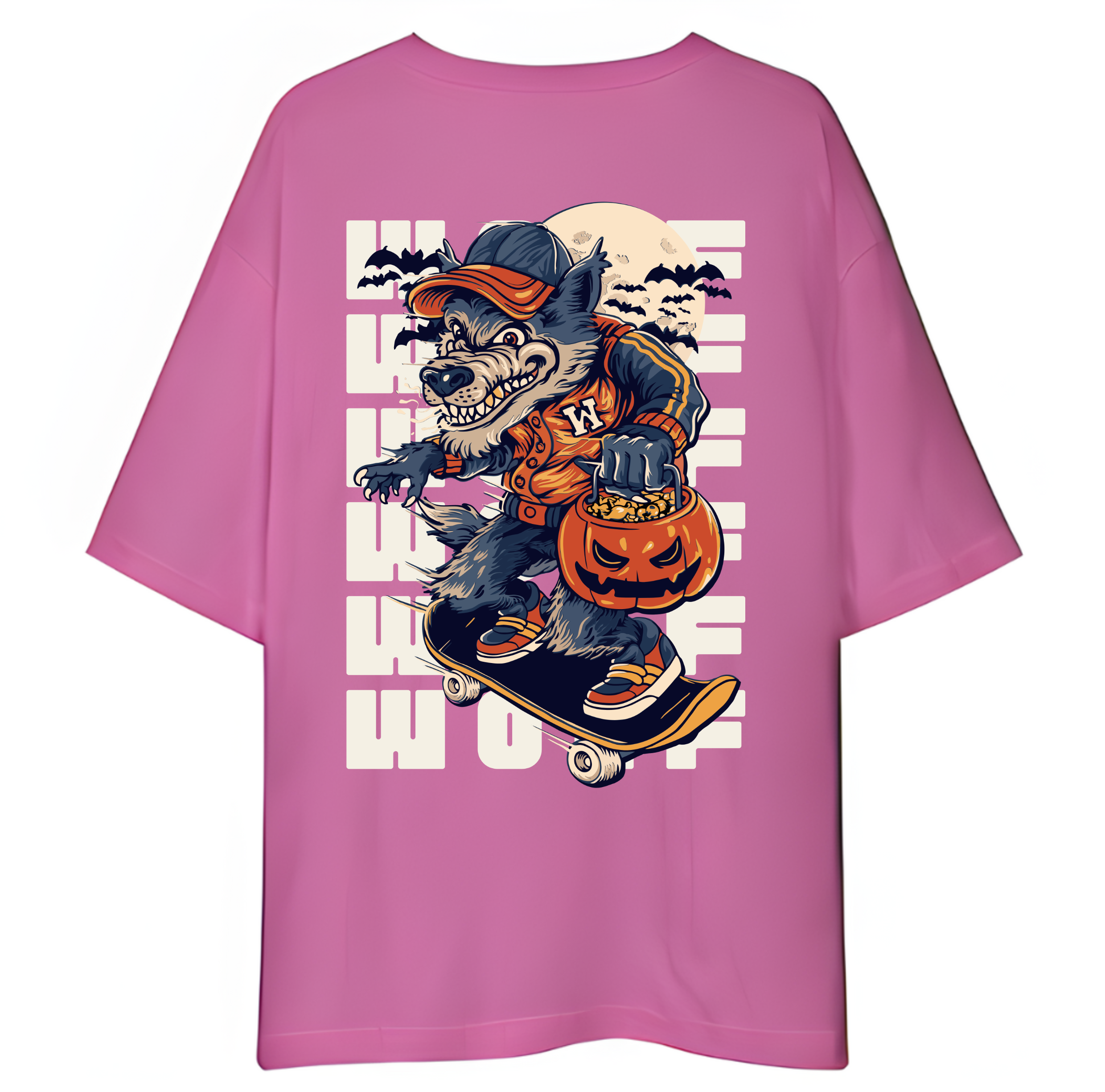 Light Purple t-shirt with a graphic of a werewolf on a skateboard and Halloween elements.