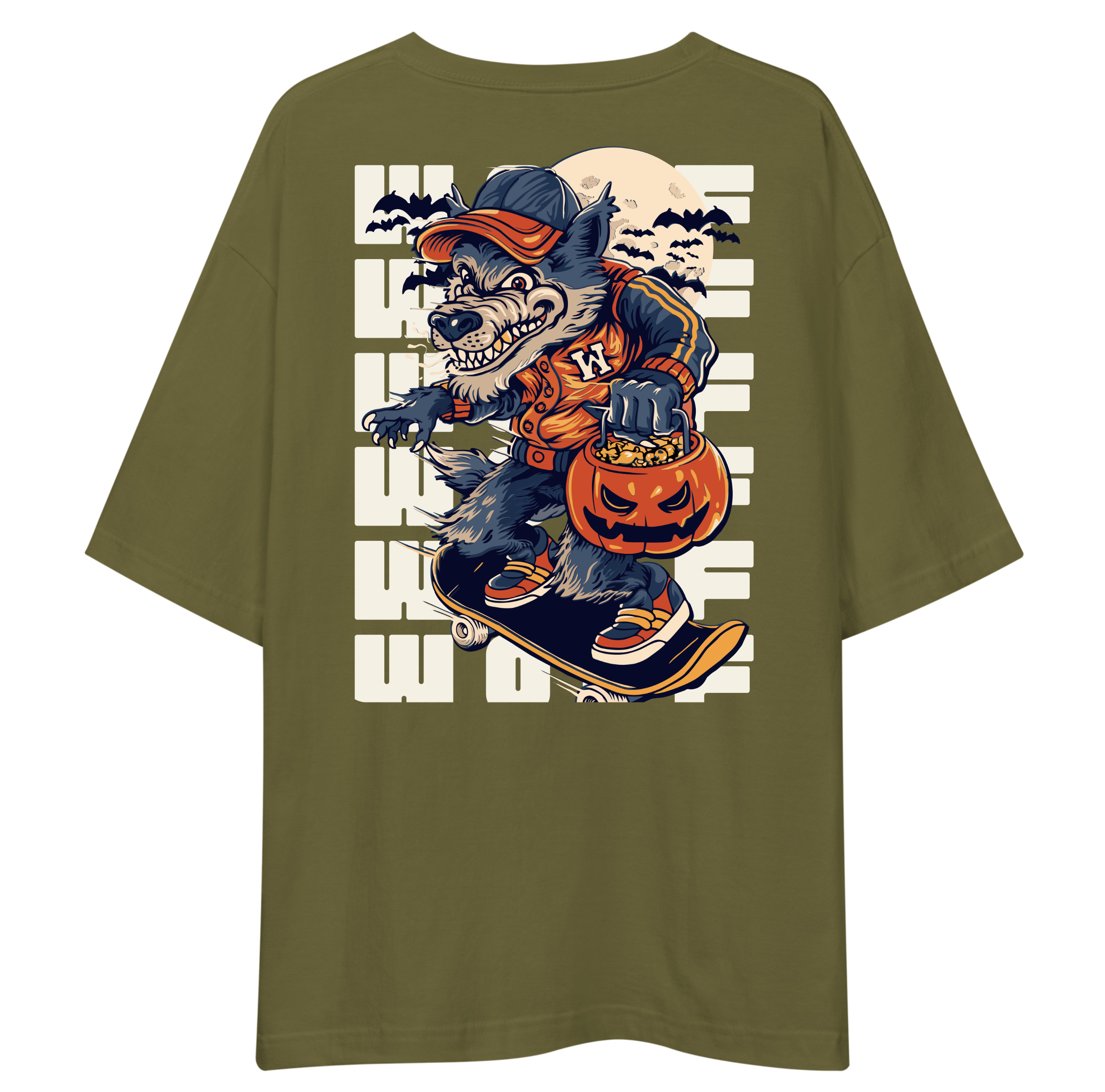Olive Green t-shirt with a graphic of a bear in a Halloween costume on a white background